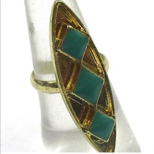 Aztec Turquoise Gold Long Triangle Ring Size 6.5